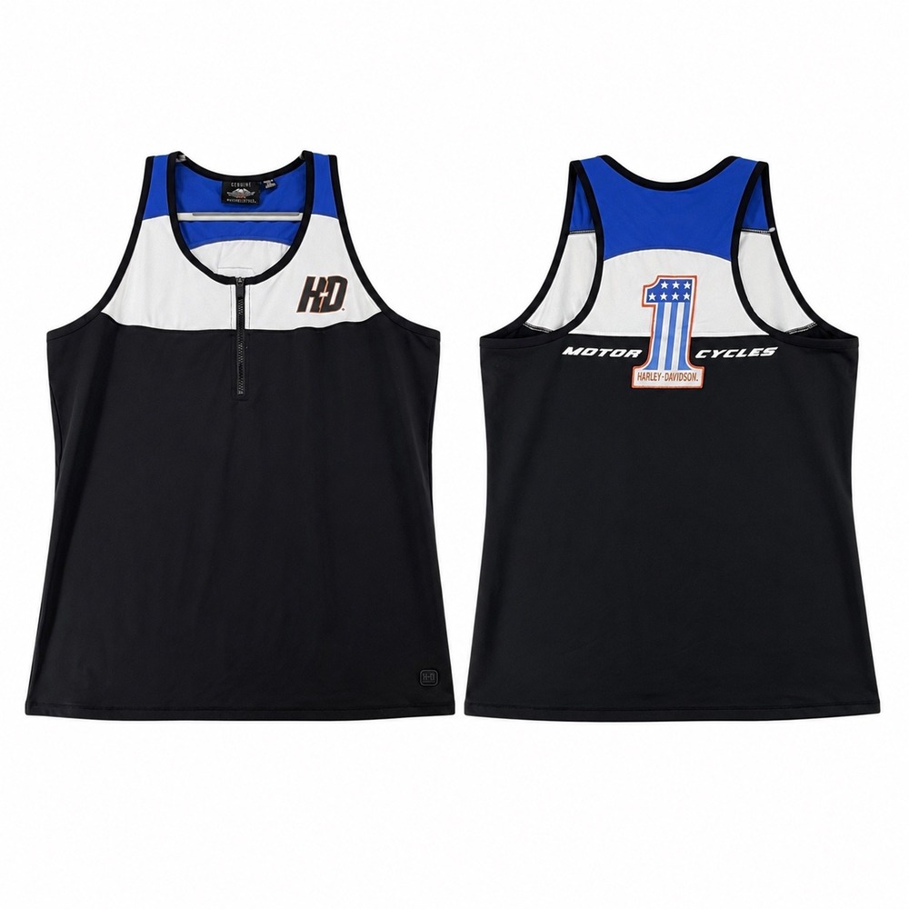 Harley-Davidson Quarter Zip Tank Top Racerback Womens 2XL Black Blue White Y2K